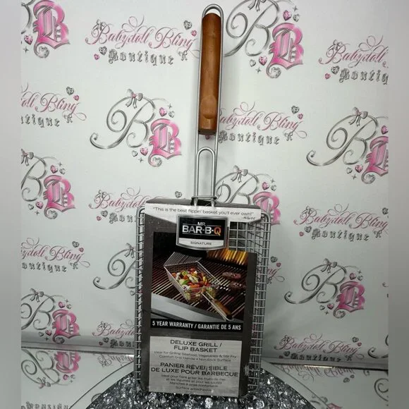 Bar-B-Q Deluxe Grill Basket with Wooden Handle flip basket grilling bbq π - Picture 1 of 3